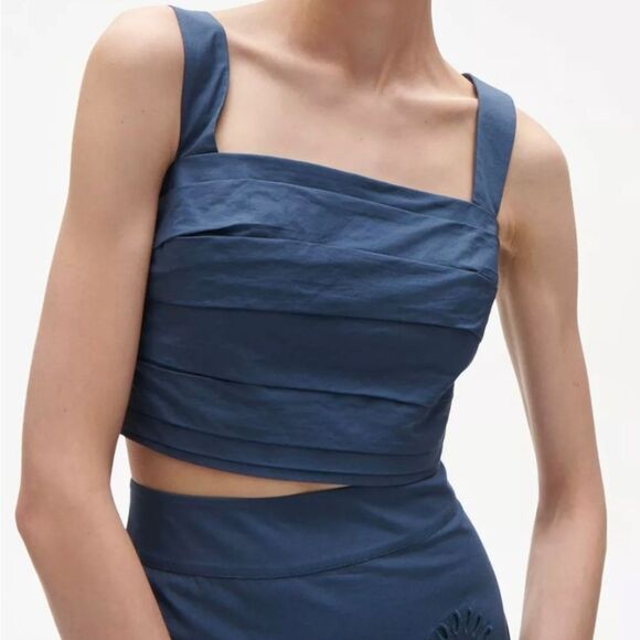 FIGUE Alta Square-Neck Pleated Sleeveless Crop Top Blue 100 COTTON Size 8 - Picture 1 of 8
